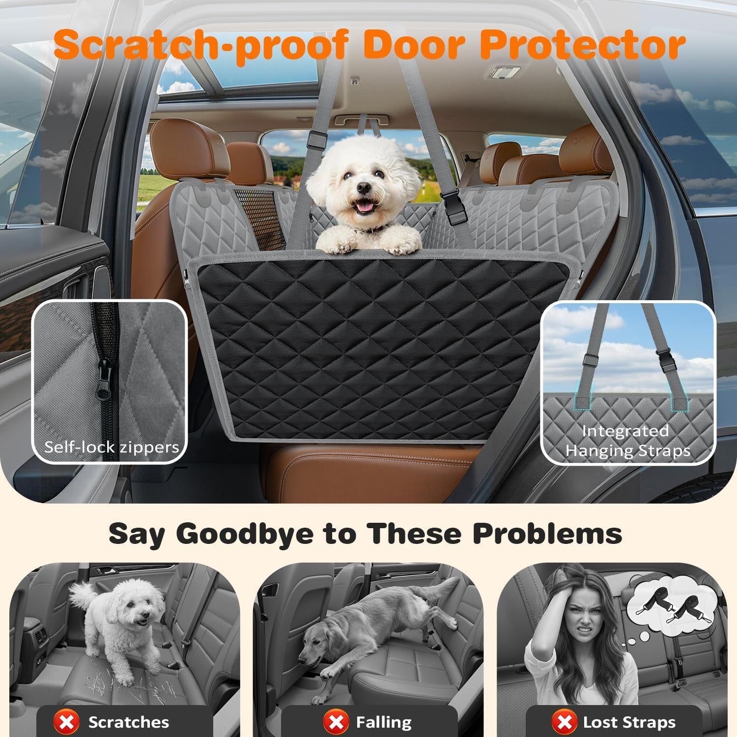 4 in 1 Dog Car Seat Cover for Back Seat, Waterproof Hammock | Mesh Window, Side Flaps, 600D Oxford, Scratch Resistant, Non-Slip, Easy Install, Machine Washable, Dog Seat Belt Included