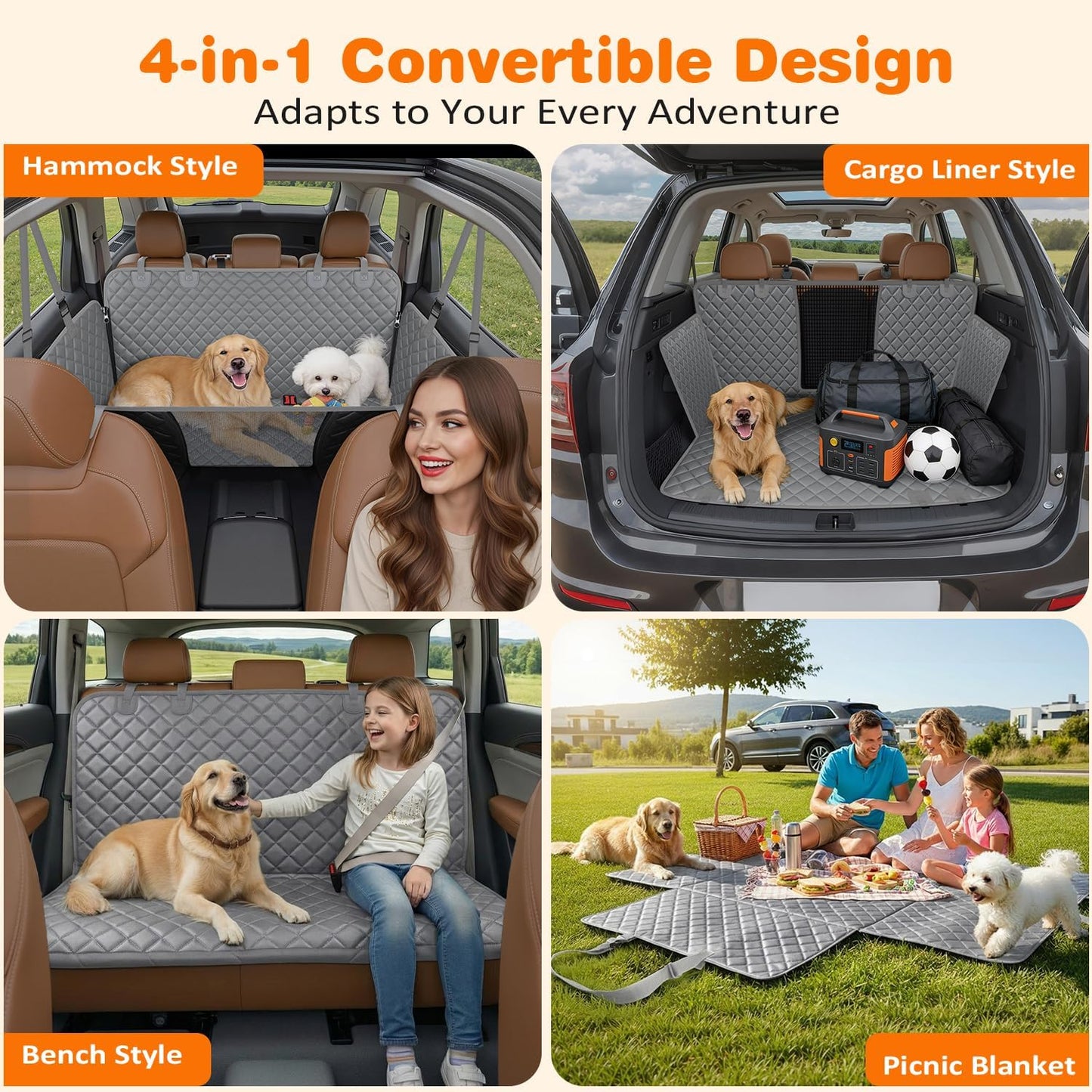 4 in 1 Dog Car Seat Cover for Back Seat, Waterproof Hammock | Mesh Window, Side Flaps, 600D Oxford, Scratch Resistant, Non-Slip, Easy Install, Machine Washable, Dog Seat Belt Included