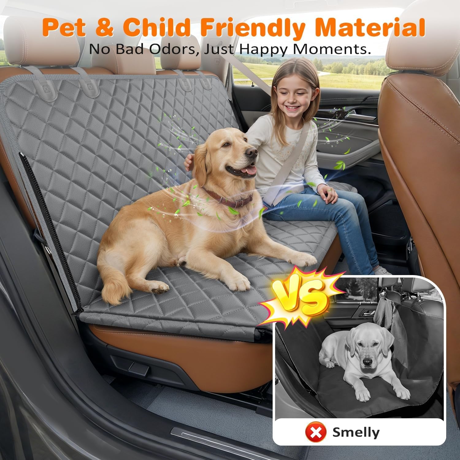 4 in 1 Dog Car Seat Cover for Back Seat, Waterproof Hammock | Mesh Window, Side Flaps, 600D Oxford, Scratch Resistant, Non-Slip, Easy Install, Machine Washable, Dog Seat Belt Included