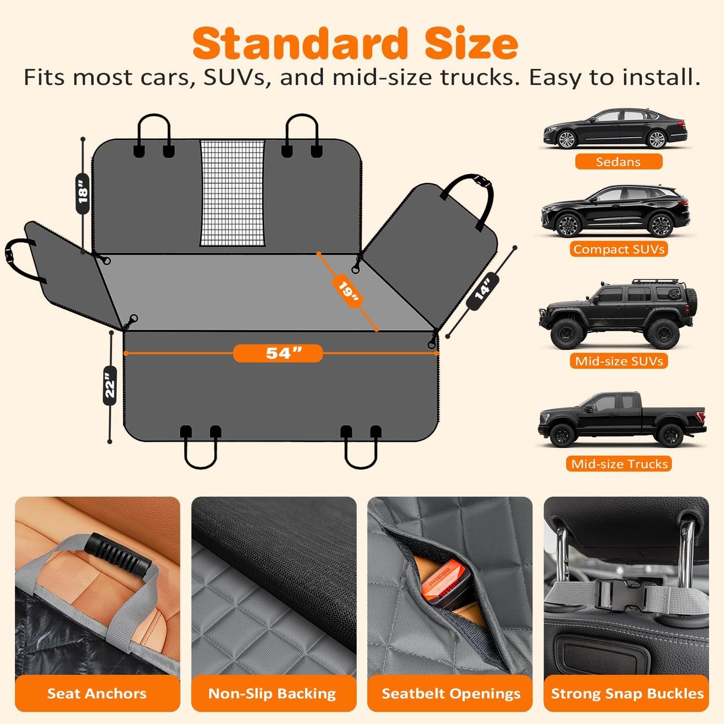 4 in 1 Dog Car Seat Cover for Back Seat, Waterproof Hammock | Mesh Window, Side Flaps, 600D Oxford, Scratch Resistant, Non-Slip, Easy Install, Machine Washable, Dog Seat Belt Included