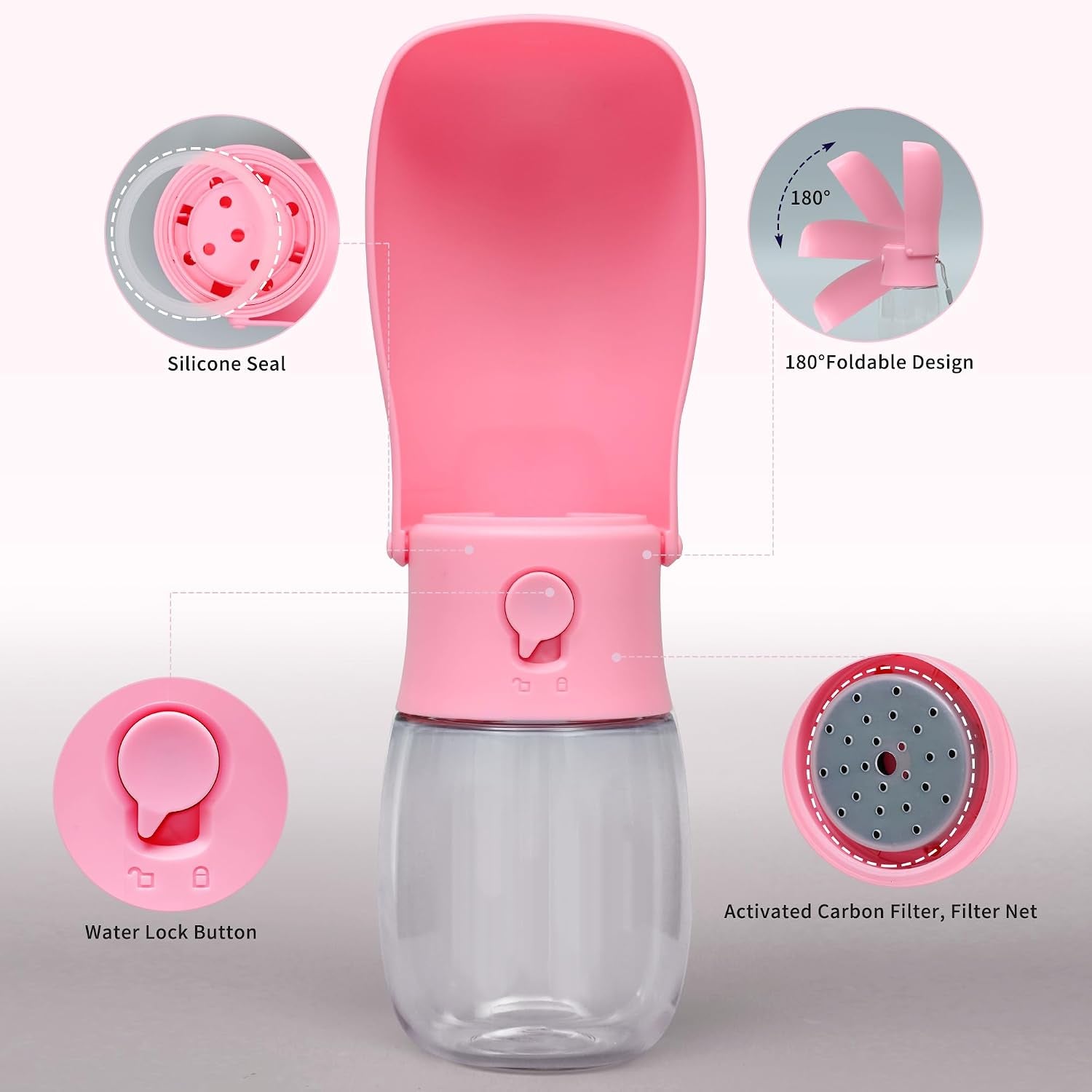 Portable Dog Water Bottle 10Oz Pink | Foldable Pet Water Dispenser, Food Grade Plastic, Ease to Use for Outdoor Walking, Hiking, Travel