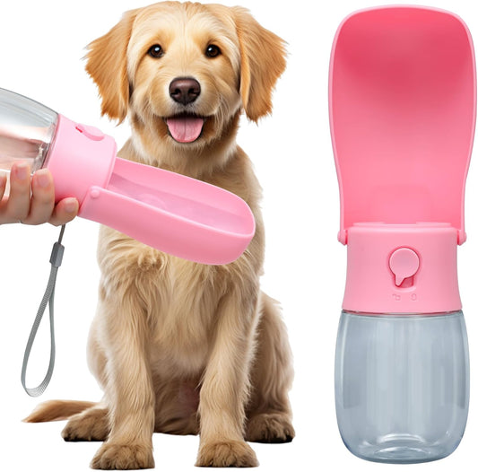 Portable Dog Water Bottle 10Oz Pink | Foldable Pet Water Dispenser, Food Grade Plastic, Ease to Use for Outdoor Walking, Hiking, Travel