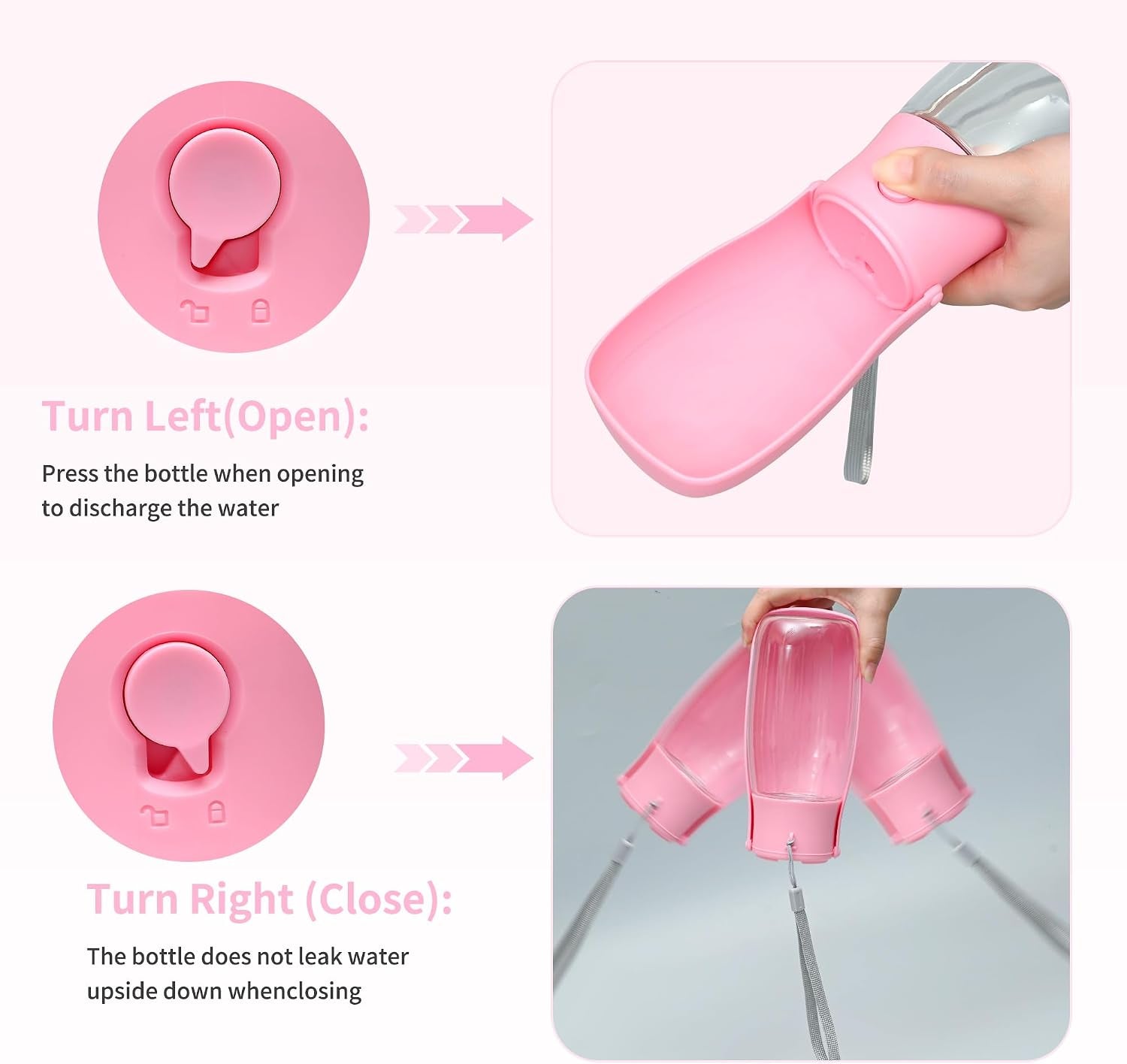 Portable Dog Water Bottle 10Oz Pink | Foldable Pet Water Dispenser, Food Grade Plastic, Ease to Use for Outdoor Walking, Hiking, Travel