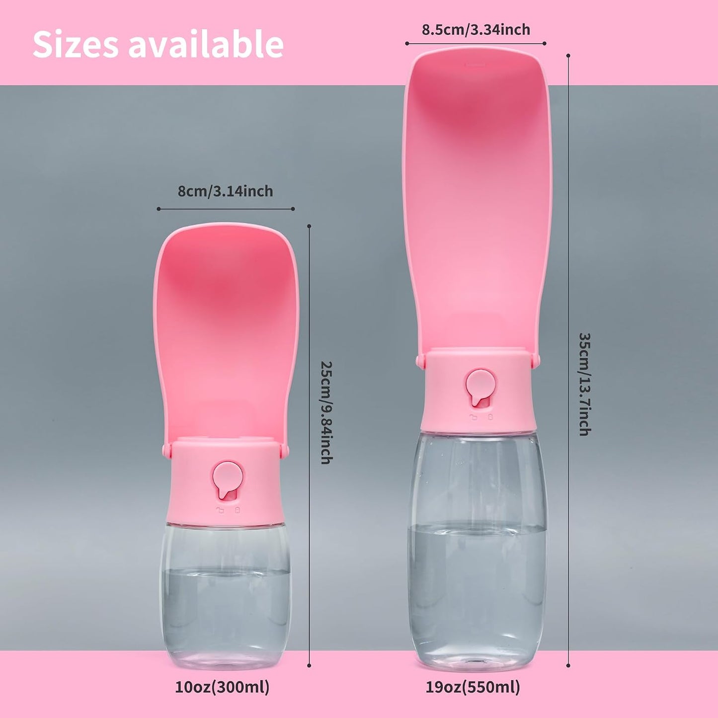Portable Dog Water Bottle 10Oz Pink | Foldable Pet Water Dispenser, Food Grade Plastic, Ease to Use for Outdoor Walking, Hiking, Travel